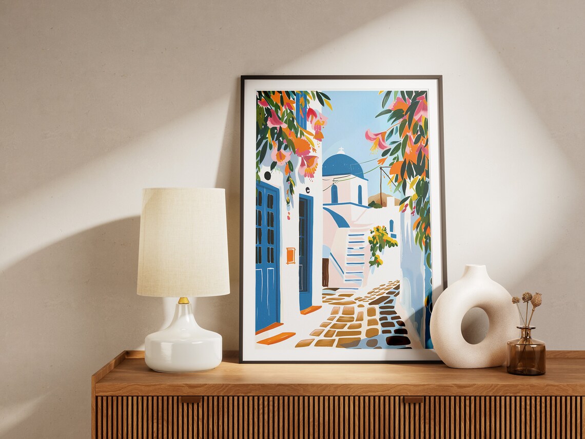 Santorini Greece Cyclades White Blue Street Bougainvillea Poster - Image 2