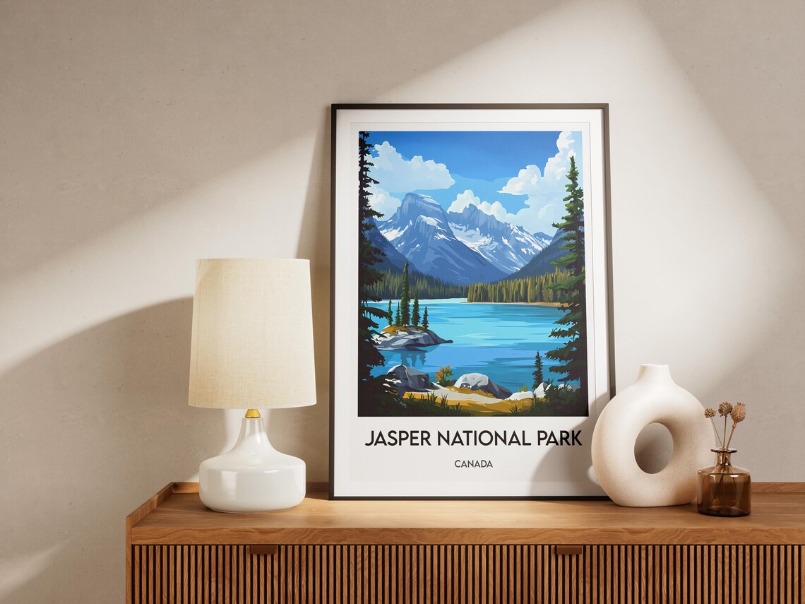 Jasper National Park Canada Poster Turquoise Lake Snow Peaks Travel Decor - Image 2