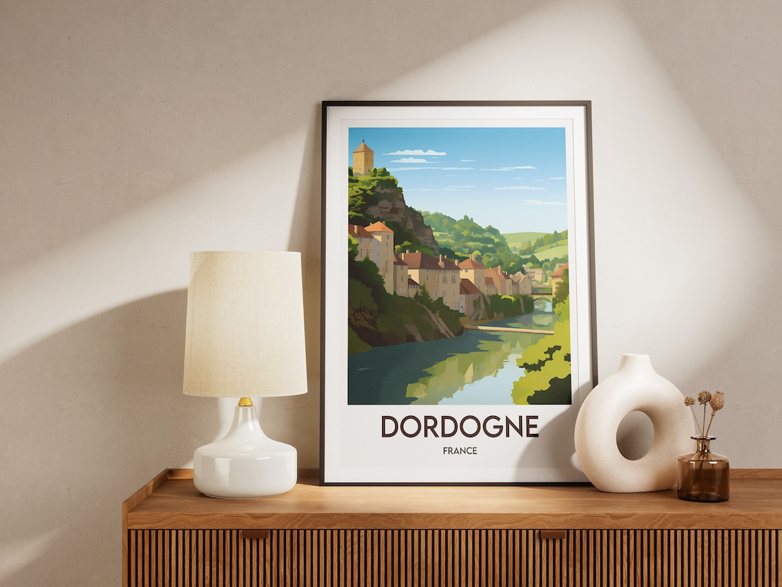 Dordogne France Riverside Cliff Village Château Travel Poster - Image 2