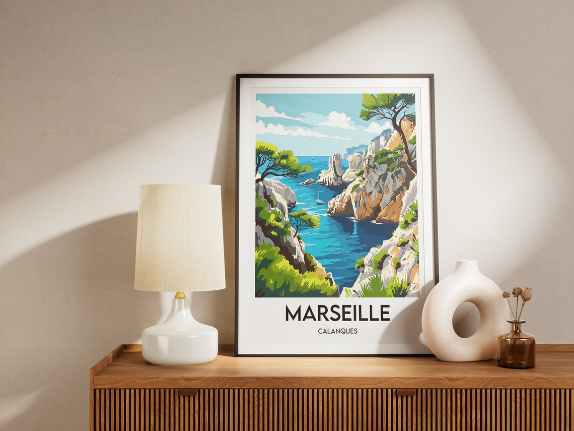 Marseille Calanques France Rocky Cove Sailboats Blue Water Poster - Image 2