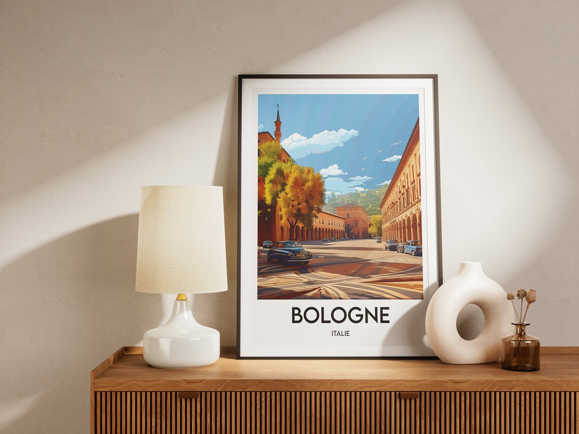 Bologne Italy Historic Piazza Vintage Cars Portico View Poster - Image 2