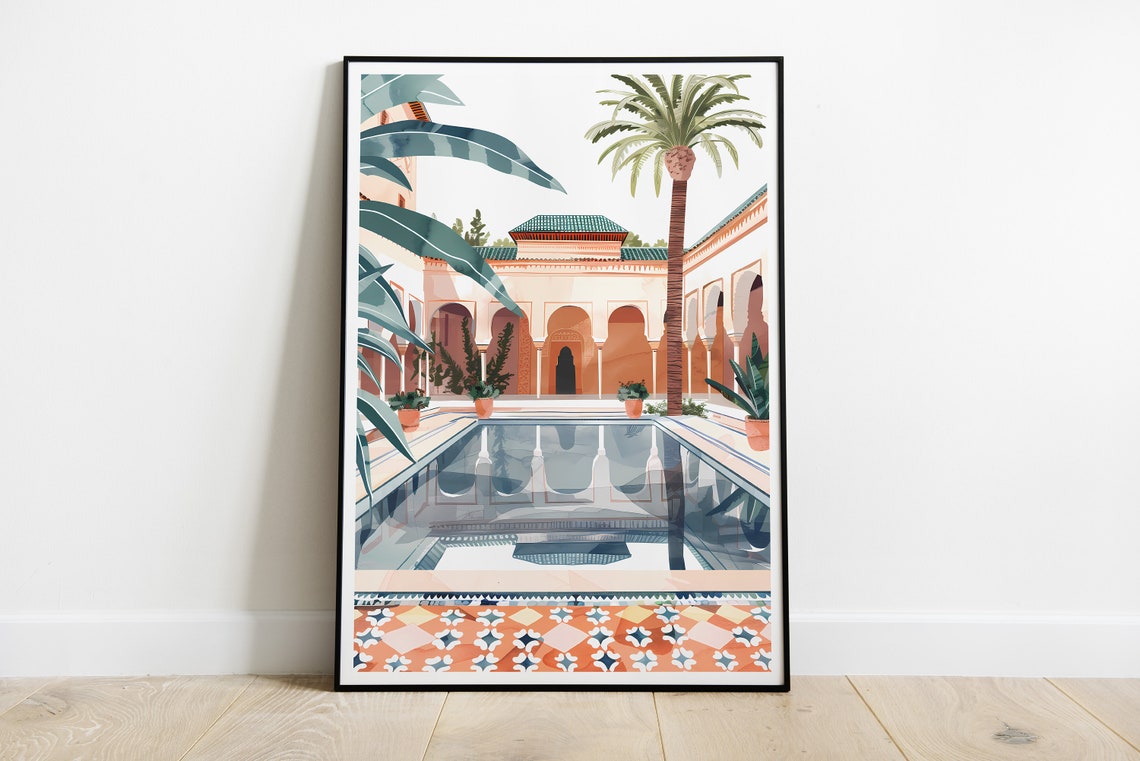 Morocco Riad Courtyard Palm Tree Pool Patterned Tiles Poster