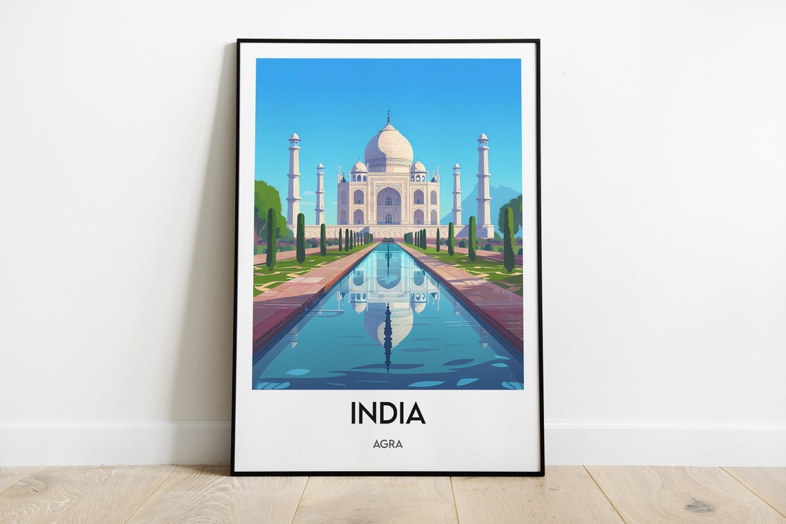 Taj Mahal Agra India Reflecting Pool White Marble Travel Poster