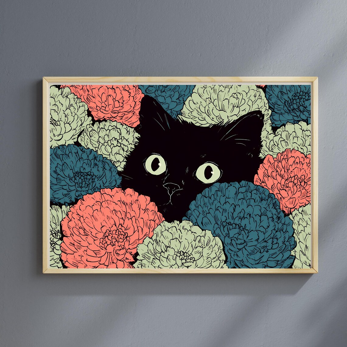 Black Cat Hiding Among Colorful Flowers Wide Eyed Floral Poster