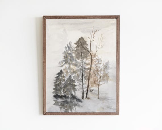 Vintage Winter Tree Landscape Snowy Forest Art Moody Winter Wall Decor For Home