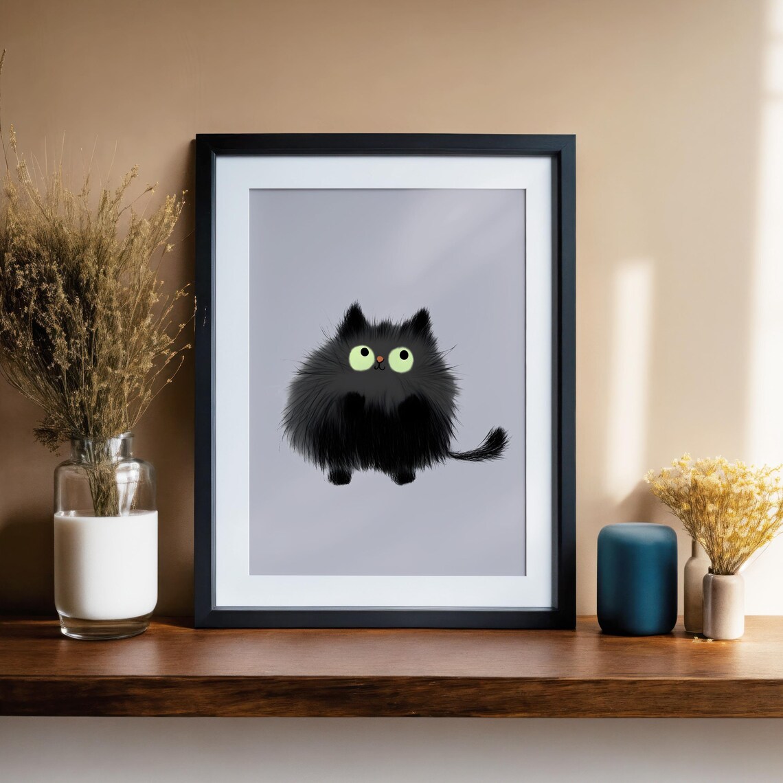 Fluffy Black Cat with Green Eyes on Grey Cute Nursery Animal Poster - Image 2