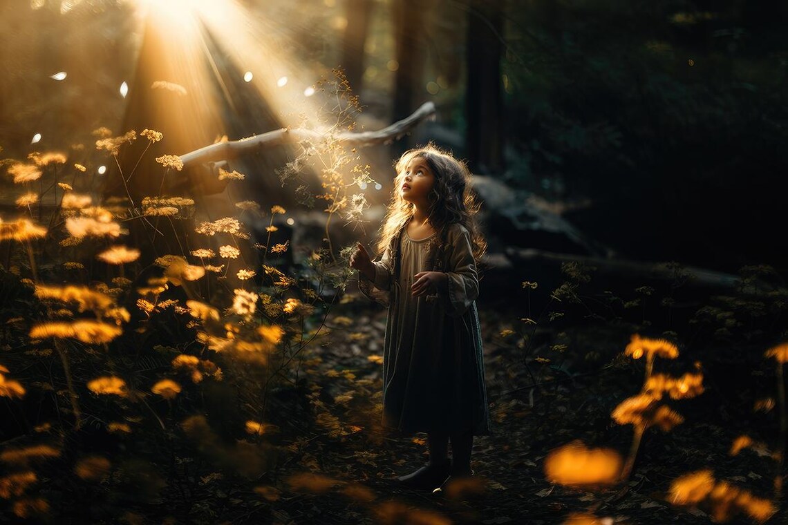 Young Girl Among Golden Wildflowers in Magical Forest Light Poster