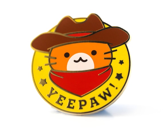 Yeepaw Cowboy Cat Enamel Pin Yellow Circle Cute Western Kitty Art Poster
