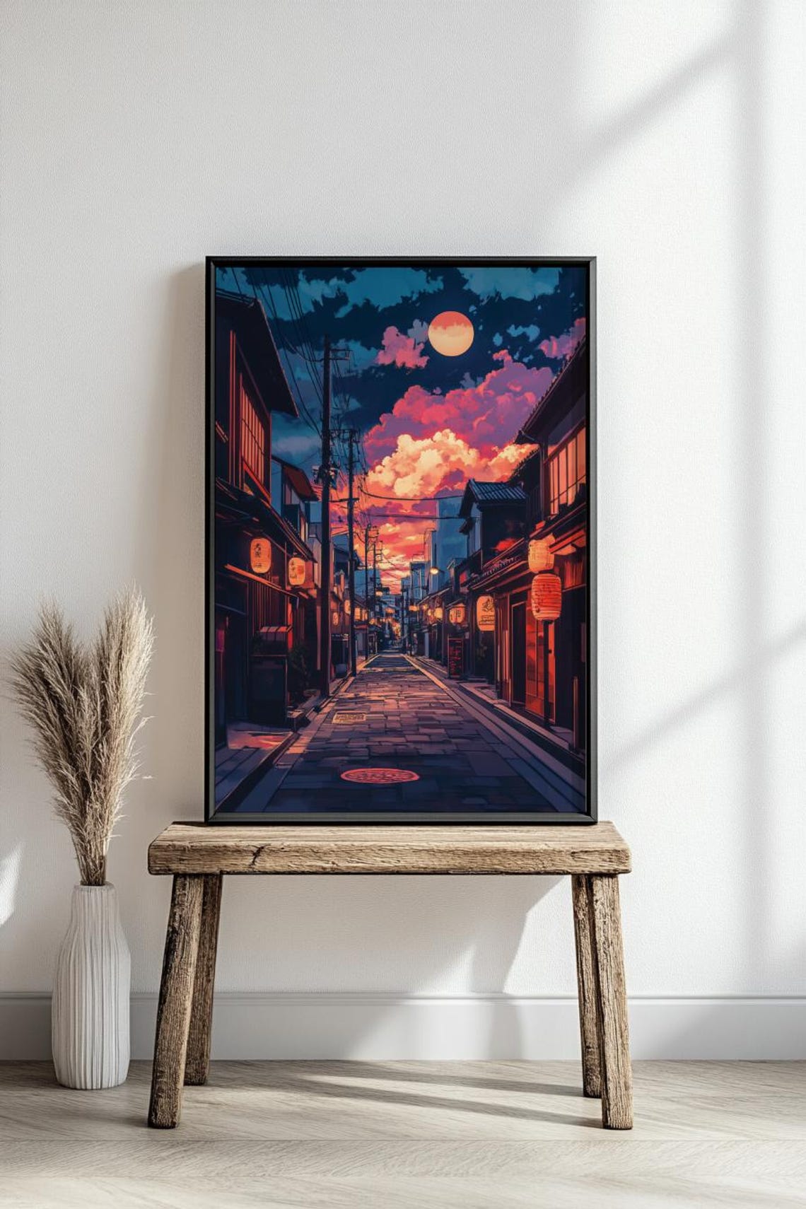 Anime Japanese Street At Sunset Lanterns Full Moon Illustration Poster - Image 4