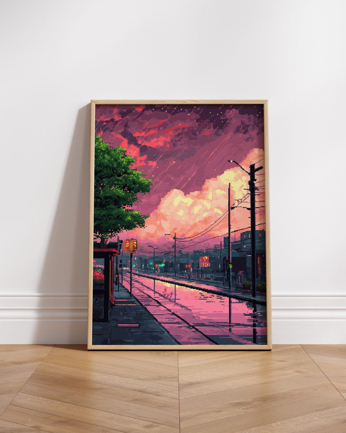 Pixel Art Rainy City Street Neon Sunset Retro Game Scene Poster