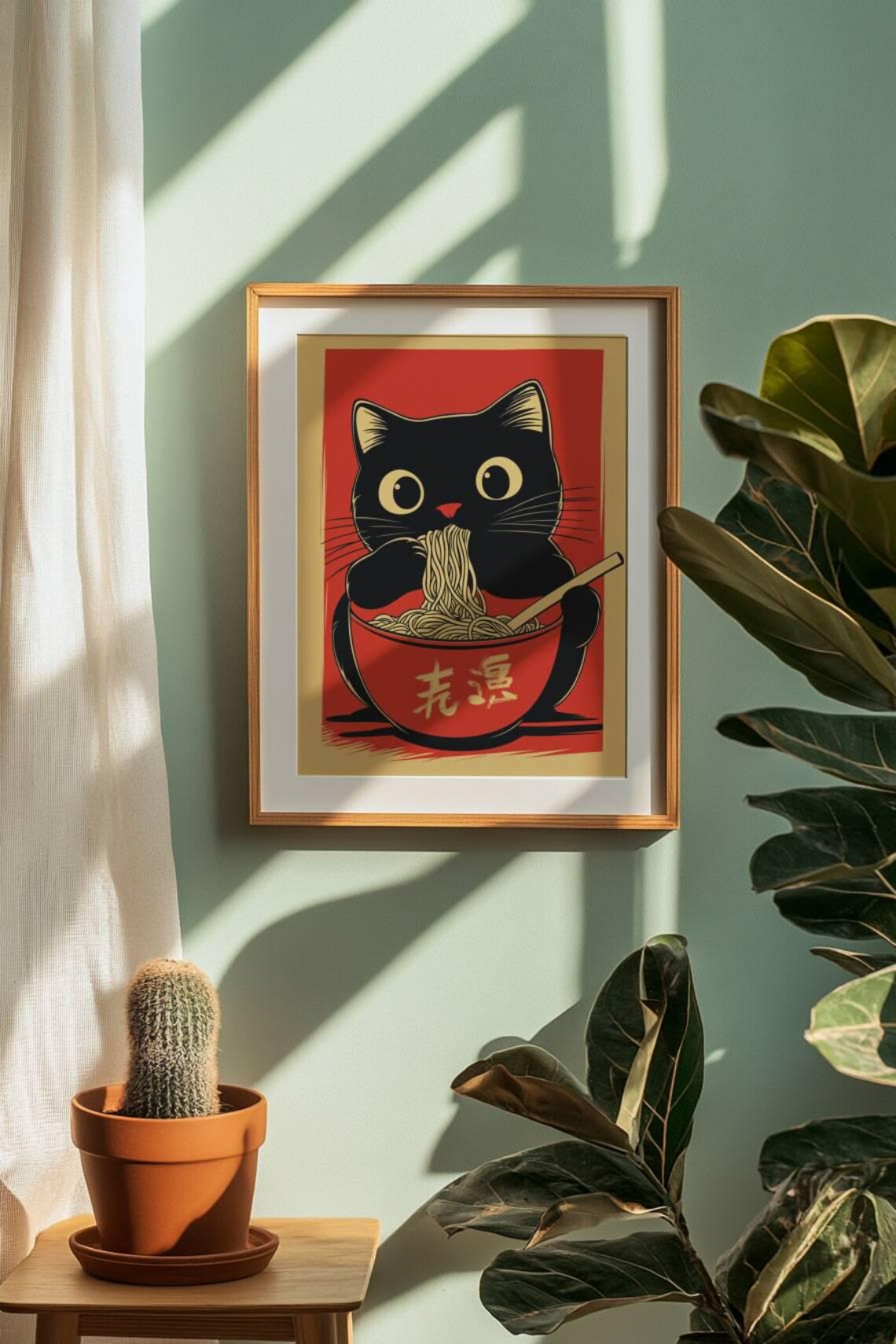 Black Cat Eating Ramen Bowl Retro Japanese Red Kitchen Poster - Image 4