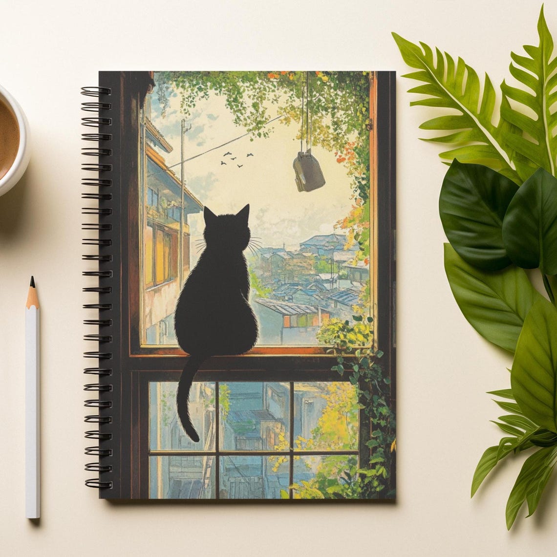 Black Cat Window Village View Anime Style Illustration Art Print