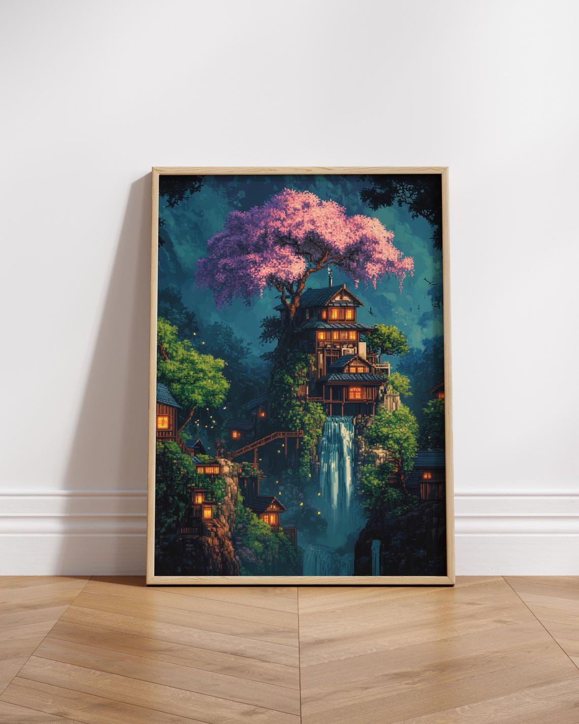 Pixel Art Night Village Cherry Tree Waterfall Glowing Windows Poster