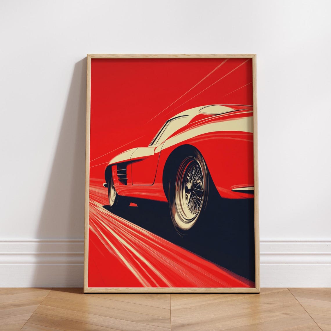 Red Classic Roadster Speed Lines Bold Retro Garage Wall Poster