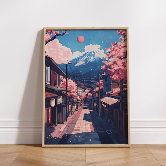 Serene Charry Blossom Mountain Scene Matte Vertical Poster Japanese Art Print Wall Decor Home Gift For Nature Lovers