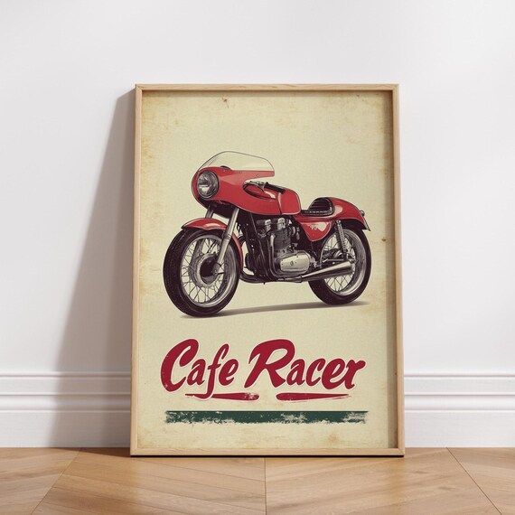 Red Cafe Racer Vintage Motorcycle Retro Script Typography Poster
