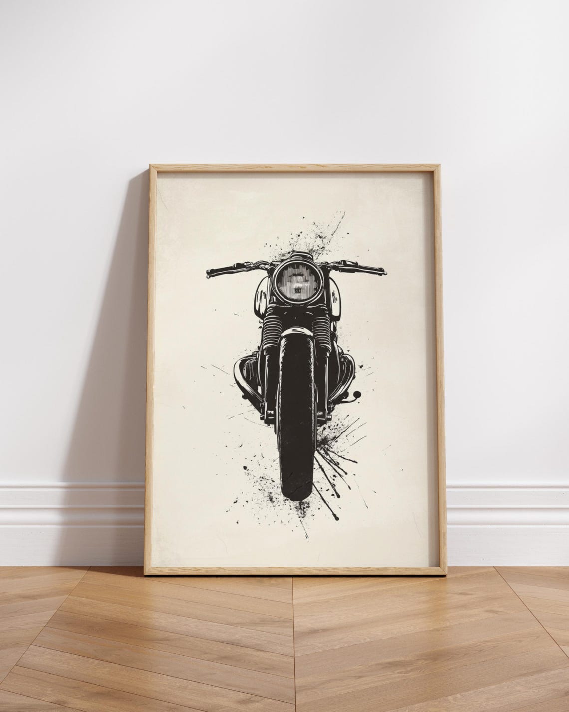 Vintage Motorcycle Front View Black Ink Splash Sketch Art Poster