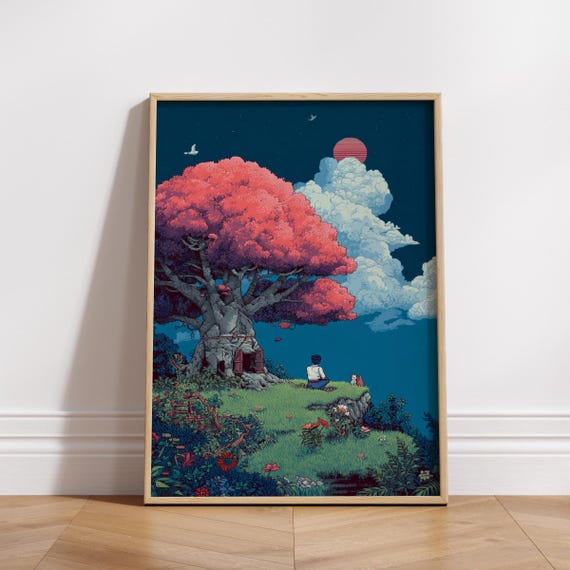 Enchanting 8-Bit Tree Landscape Poster, Nature Decor