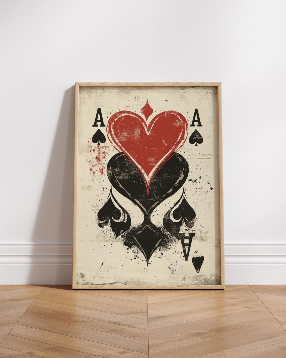 Ace Playing Card Red Heart Black Spade Retro Grunge Style Poster