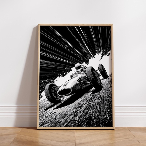 Black And White Racecar Wall Art Vintage Motorsport Poster Retro Racing Car Print For Garage Office Or Man Cave