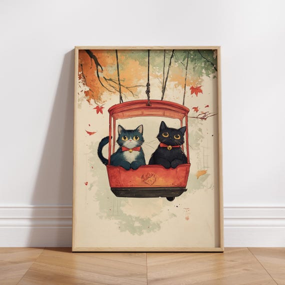 Cute Cats Couple Wall Art Print Whimsical Cat Lovers Poster Cozy Animal Decor Autumn Kawaii Nursery