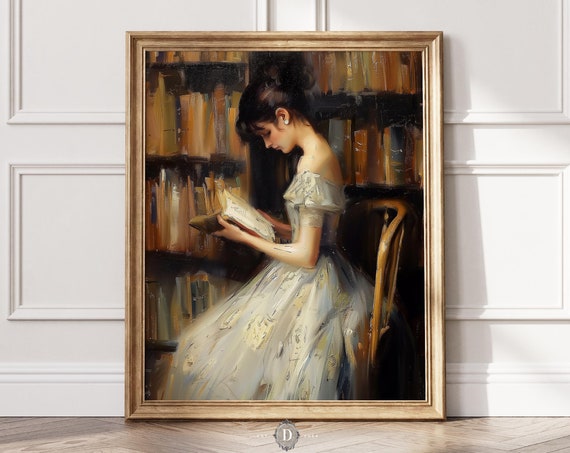 Vintage Library Elegant Woman Reading Wall Art Painting Office Decor Academia Vintage Print Art