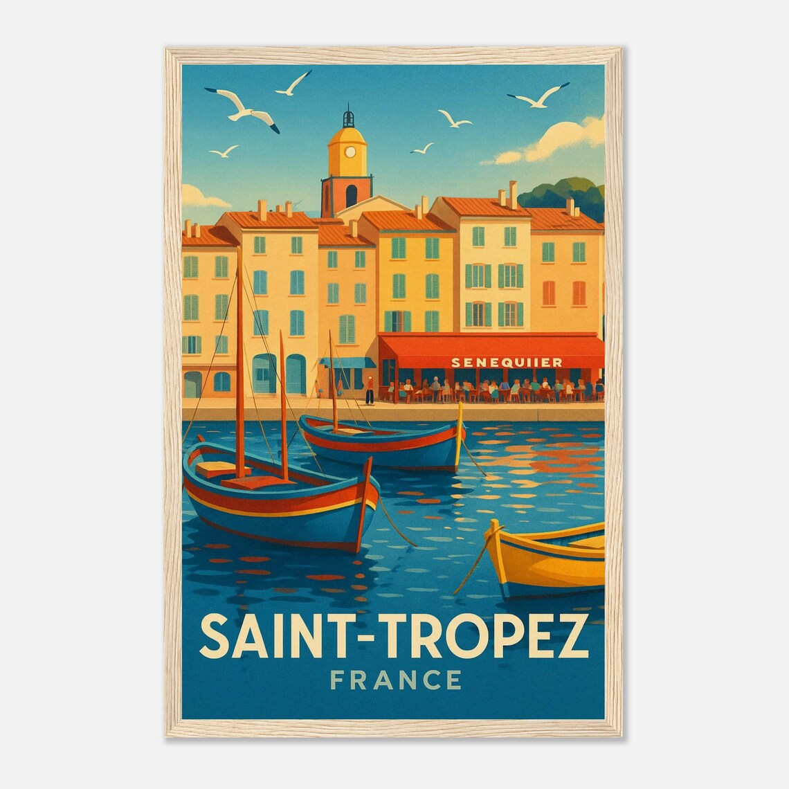 Saint-Tropez Sénéquier Café and Fishing Boats Vintage Travel Poster