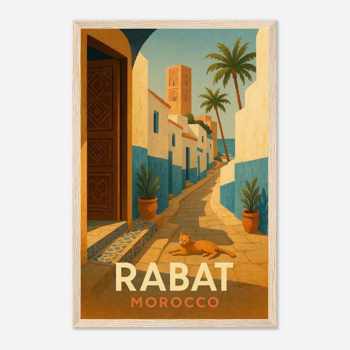 Rabat Morocco Blue Medina Alley With Orange Cat And Minaret Poster