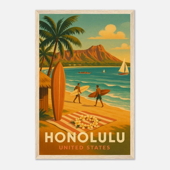 Honolulu Hawaii Vintage Travel Poster Wall Art Waikiki Beach Illustration Retro Island Print Gift