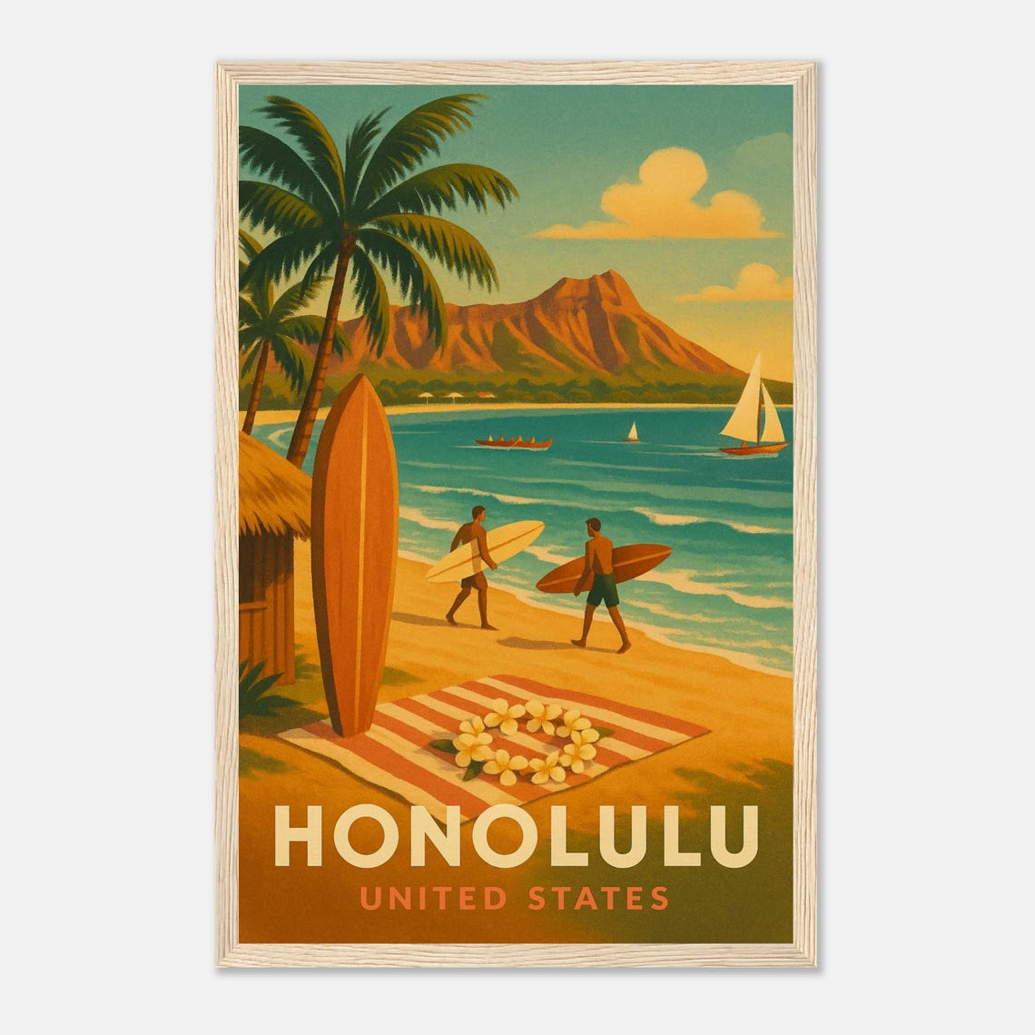Honolulu Waikiki Beach Surfers Diamond Head Scenic Vintage Poster