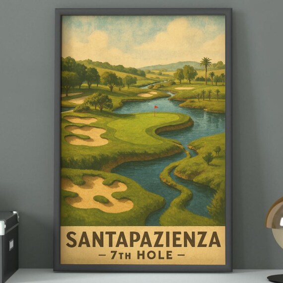 Santapazienza 7th Hole Island Green Vintage Golf Travel Poster