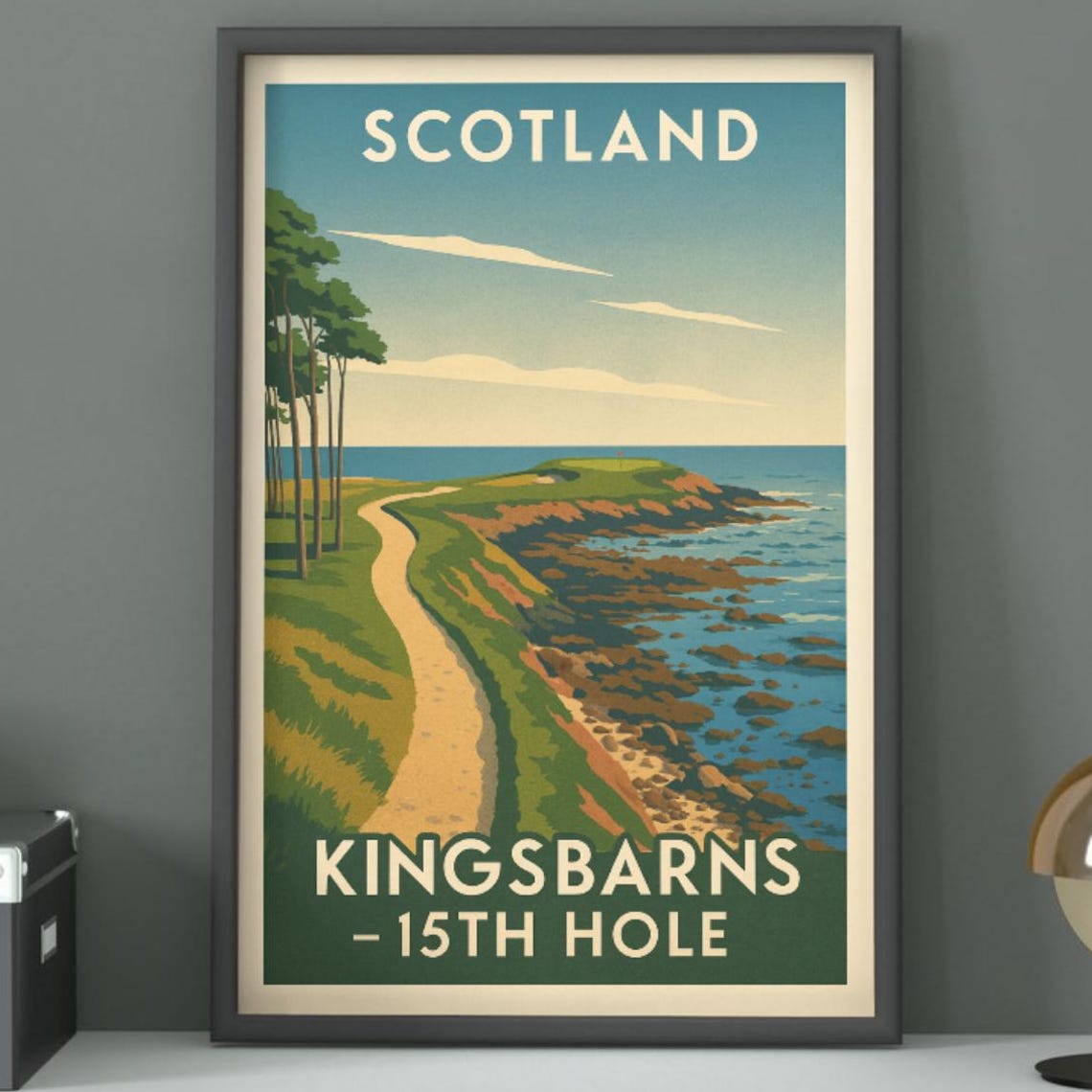 Kingsbarns 15th Hole Scotland Coastal Cliffs Vintage Golf Poster