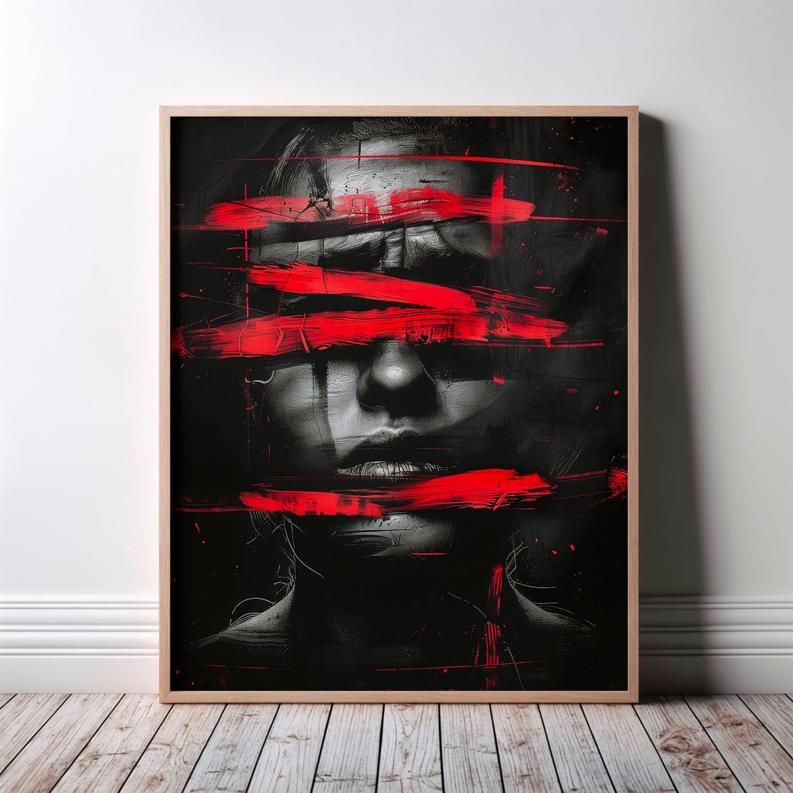 Abstract Woman Face Red Brushstrokes Dark Emotional Portrait Poster