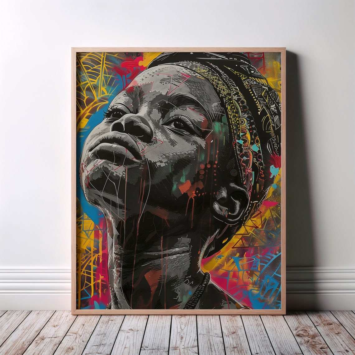 Hopeful African Woman Looking Up Bold Graffiti Headwrap Poster