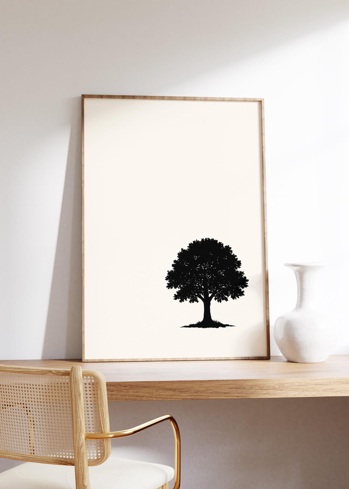 Solitary Black Tree Silhouette on Cream Minimalist Nature Poster