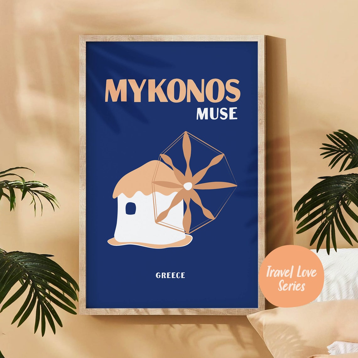 Mykonos Muse Greece White Windmill Navy Blue Travel Art Poster - Image 4