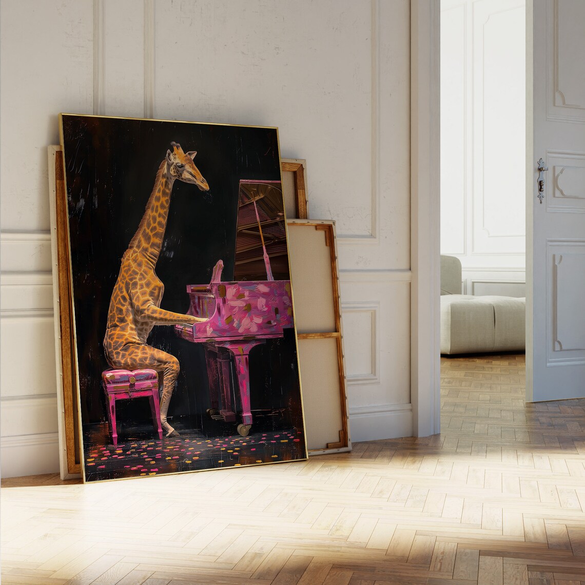 Giraffe Playing Pink Grand Piano Neon Splash Whimsical Music Art Poster - Image 5