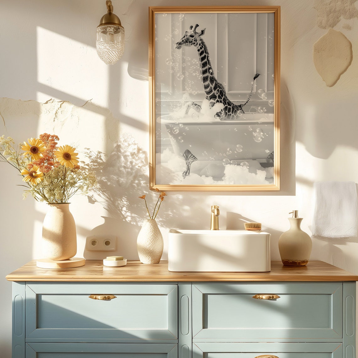 Giraffe Sitting in Bubble Bath Black and White Bathroom Poster - Image 2