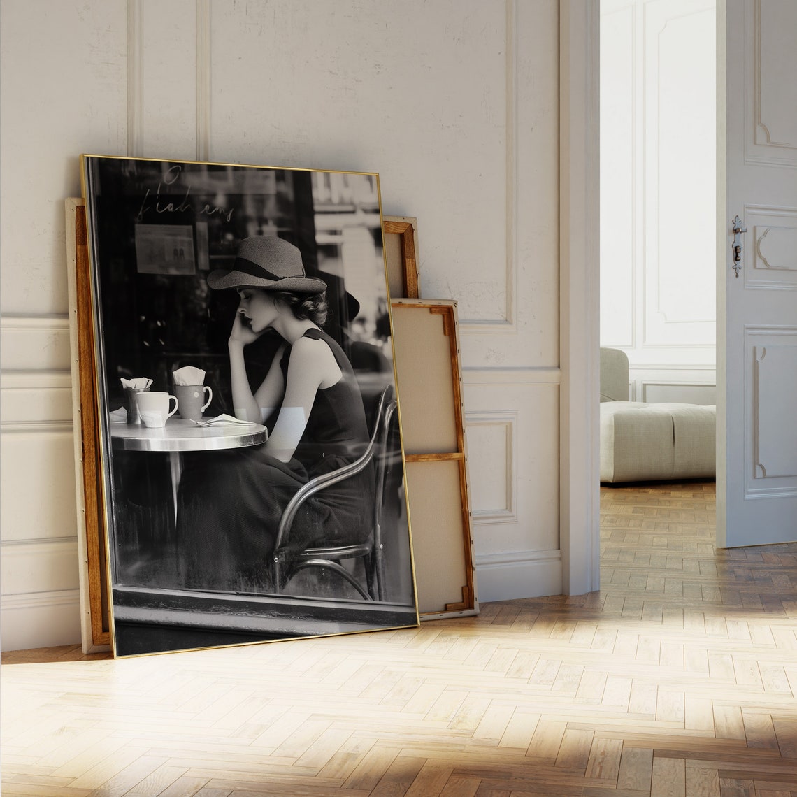 Black and White Photo Woman in Hat at French Cafe Table Poster - Image 5