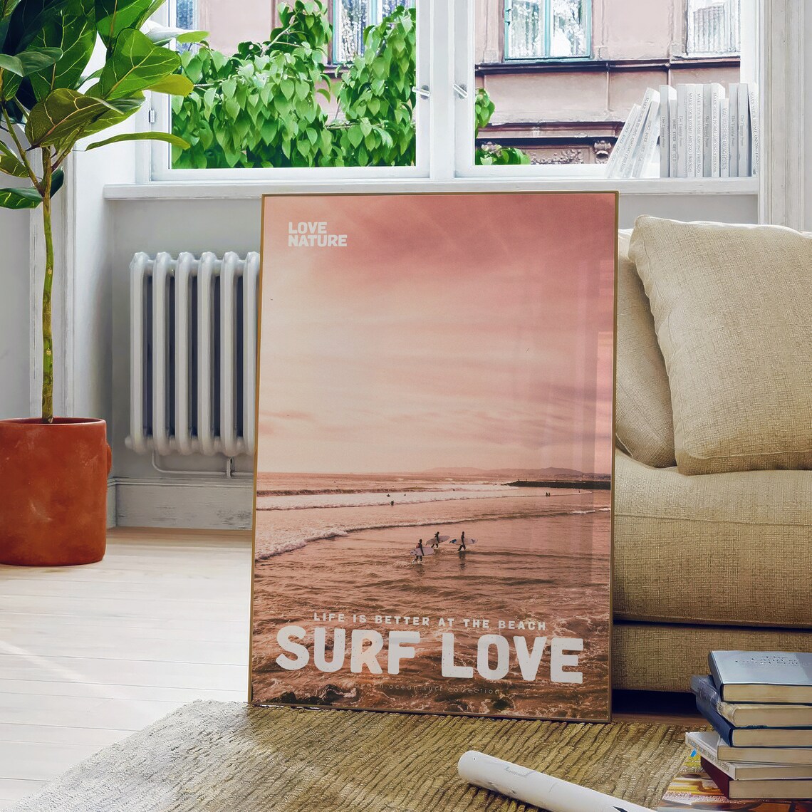 Surf Love Pink Sunset Ocean Surfers In Water Beach Photo Poster - Image 5