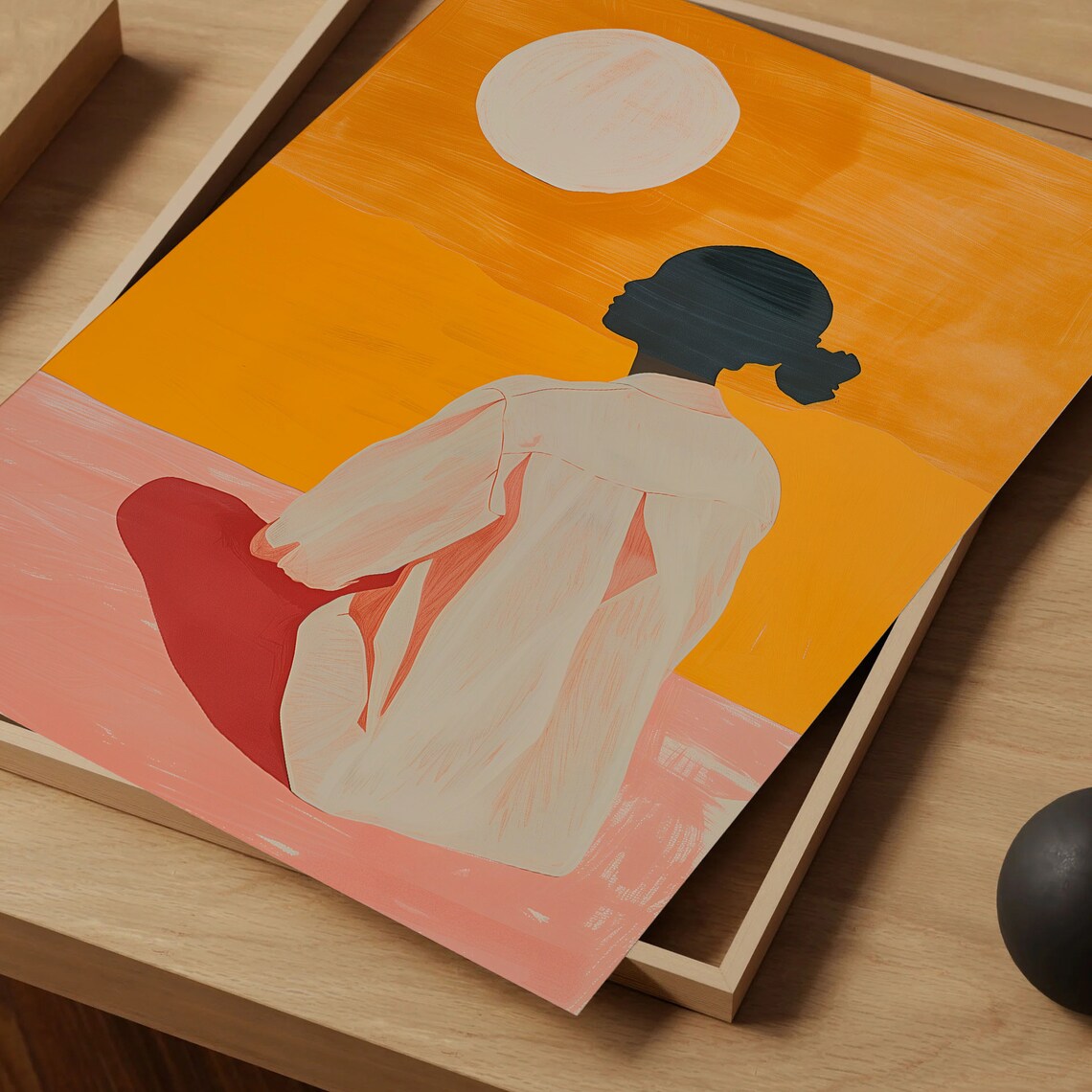 Woman Watching Pale Sun Orange Sky Minimalist Surreal Poster - Image 5