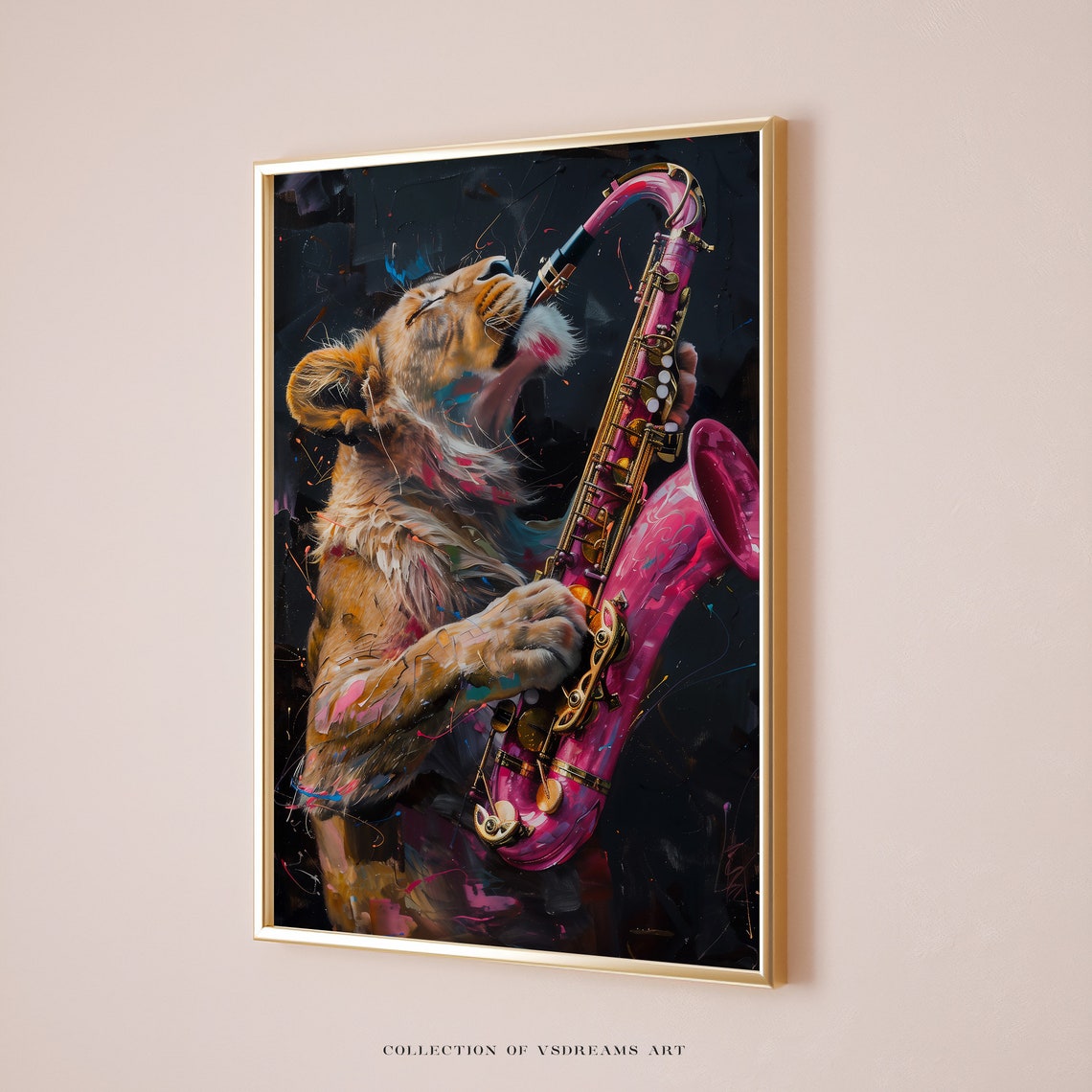 Lion Playing Pink Saxophone Neon Splash Bold Jazz Music Animal Poster