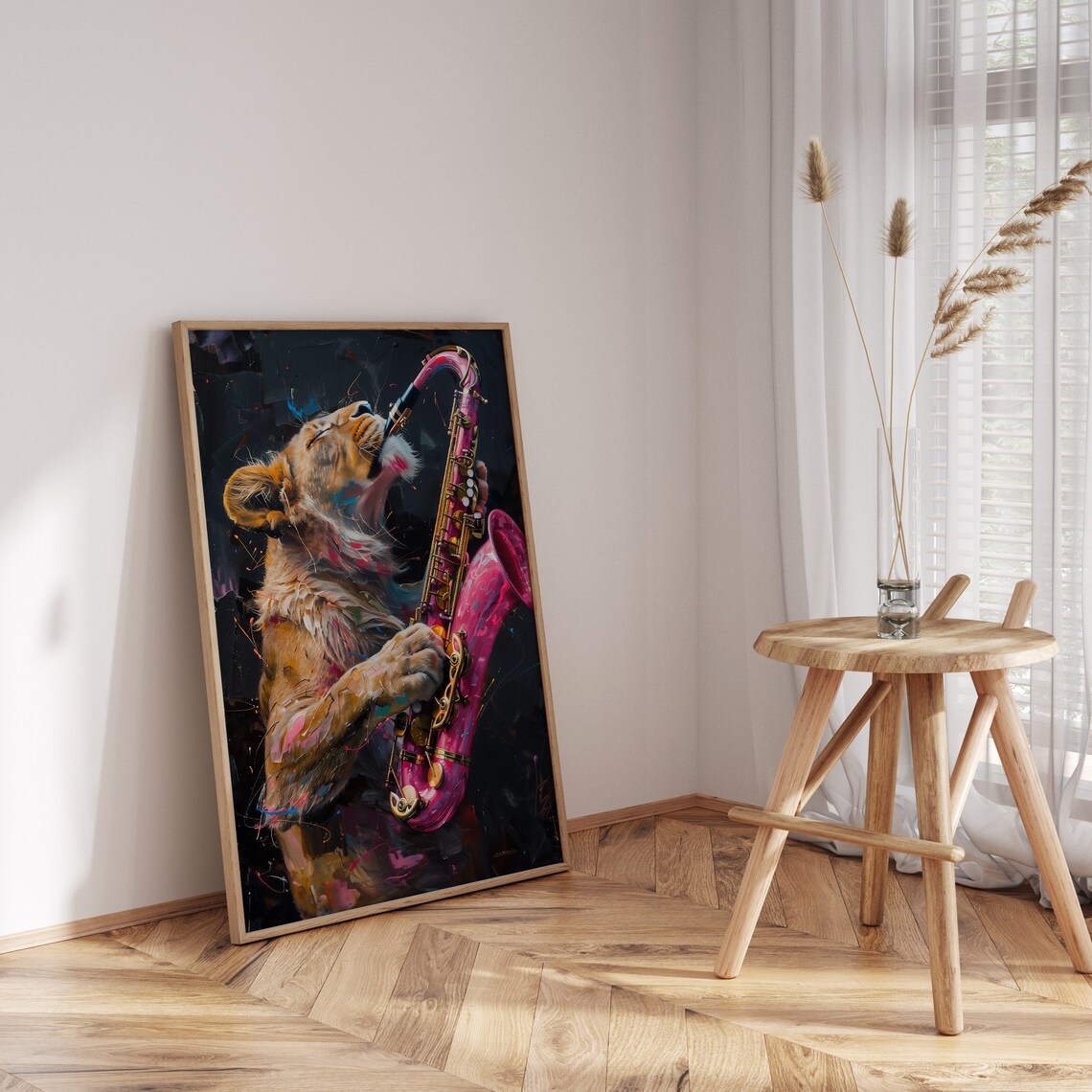 Lion Playing Pink Saxophone Neon Splash Bold Jazz Music Animal Poster - Image 3
