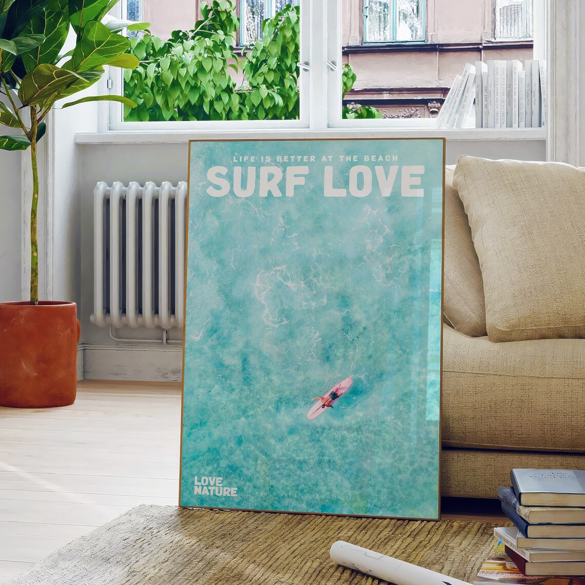 Surf Love Aerial Light Turquoise Sea Paddleboarder Ocean Poster - Image 5