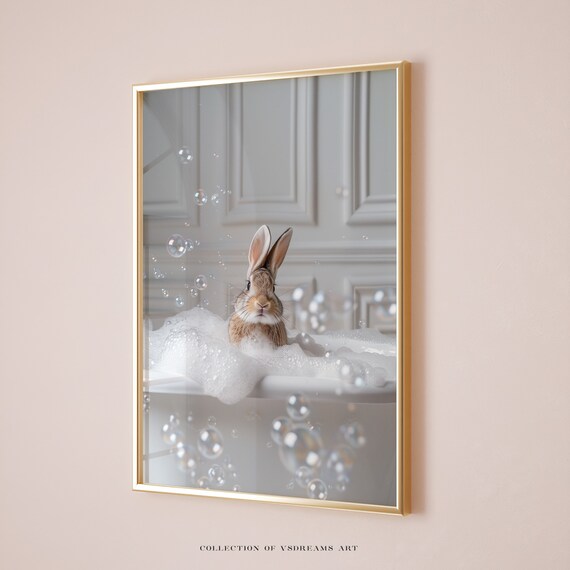 Rabbit In Bubble Bath Funny Bunny Photo Bathroom Nursery Poster