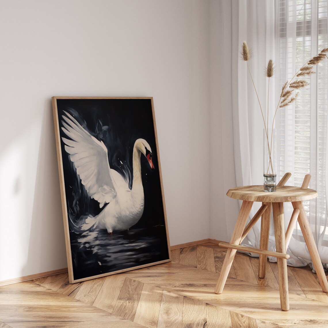 White Mute Swan Raised Wing Dark Water Moody Painting Poster - Image 3
