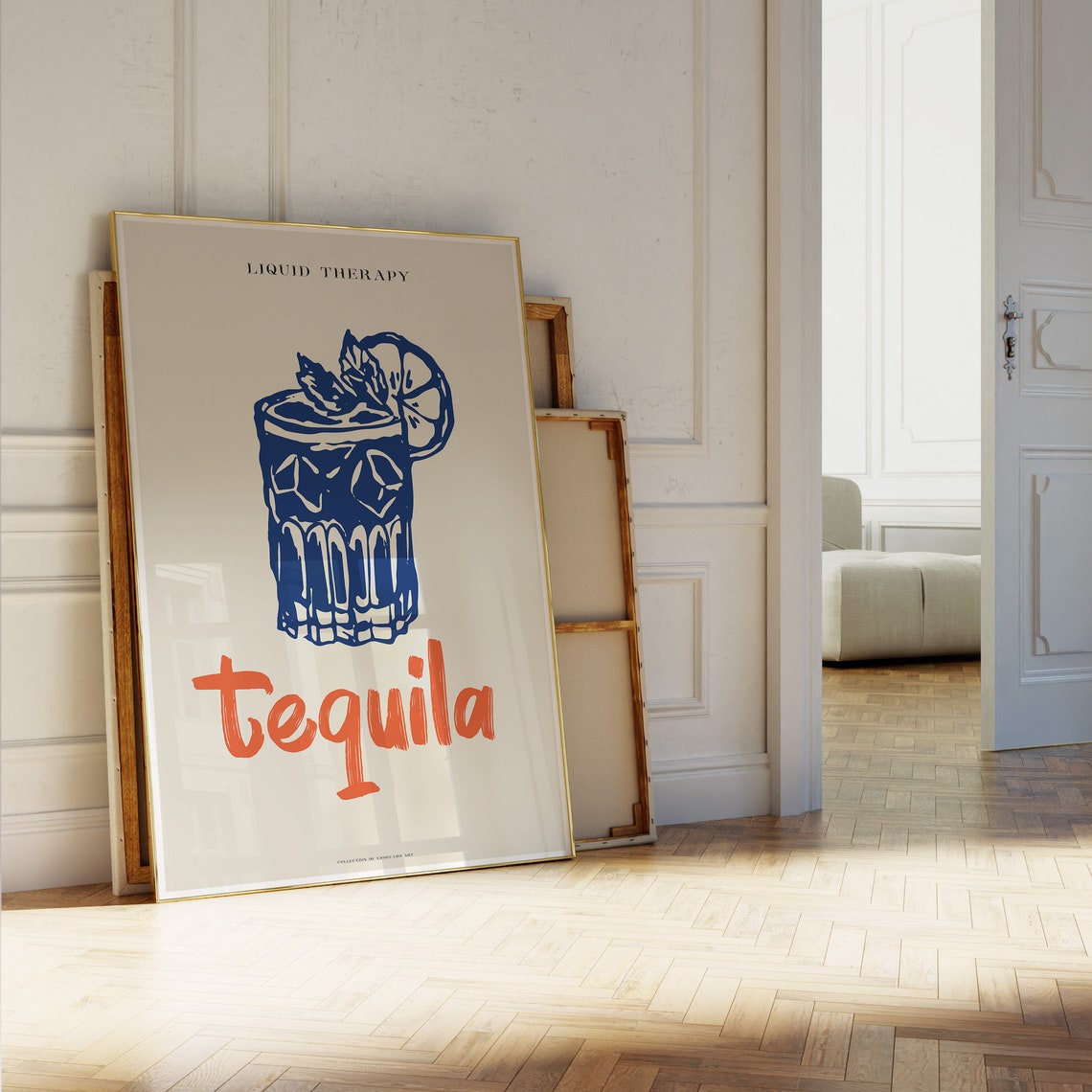 Liquid Therapy Tequila Retro Blue Cocktail Glass Orange Script Poster - Image 5
