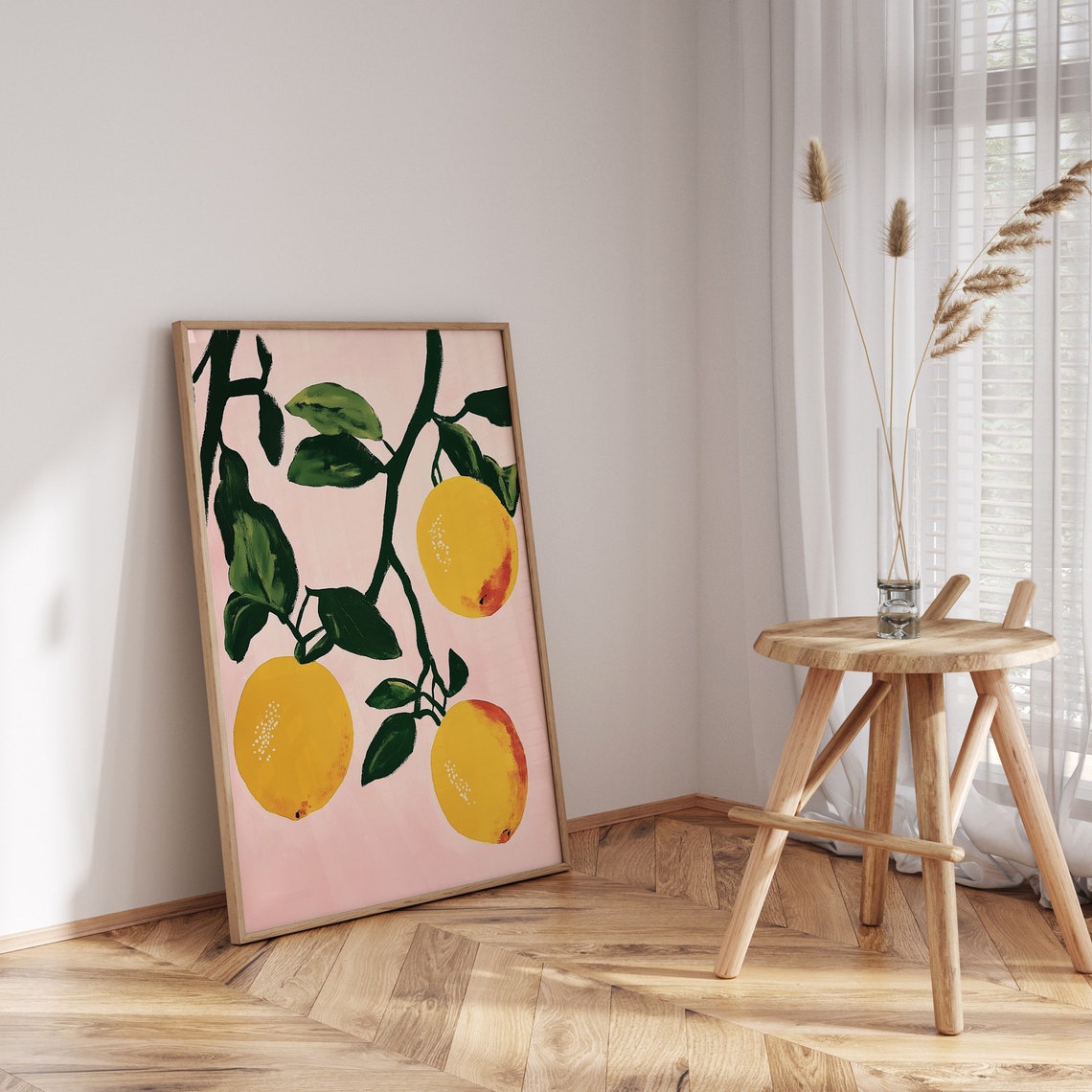 Three Lemons on Branch Pink Background Retro Kitchen Art Poster - Image 3