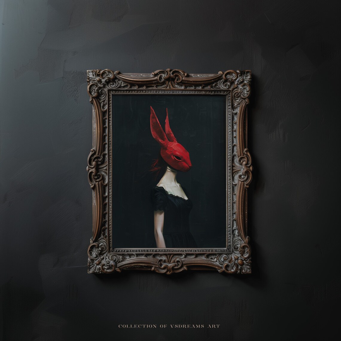 Red Rabbit Mask Woman Black Dress Whimsical Gothic Art Poster - Image 3