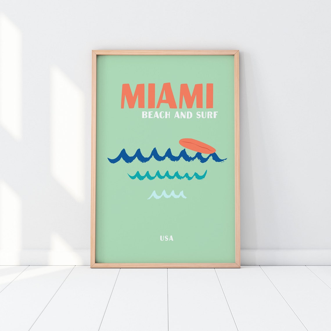 Miami Beach and Surf USA Green Waves Surfboard Retro Beach Art Poster - Image 3